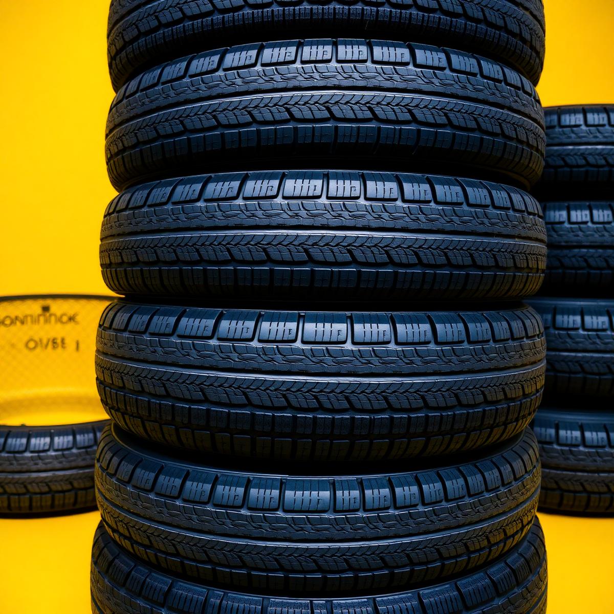 Stack of premium tires on yellow background